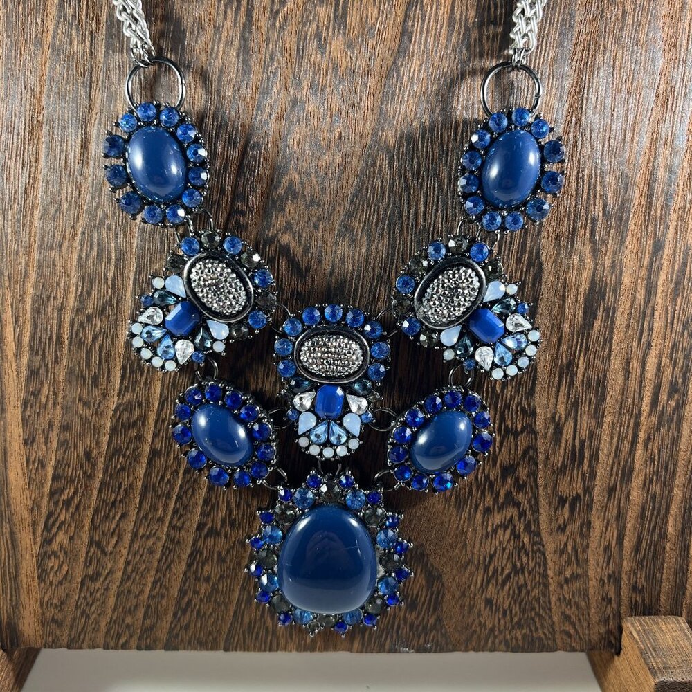 Statement Silver-Tone Necklace With Blue & Crystal Accents By J. Sophie - Picture 2 of 3